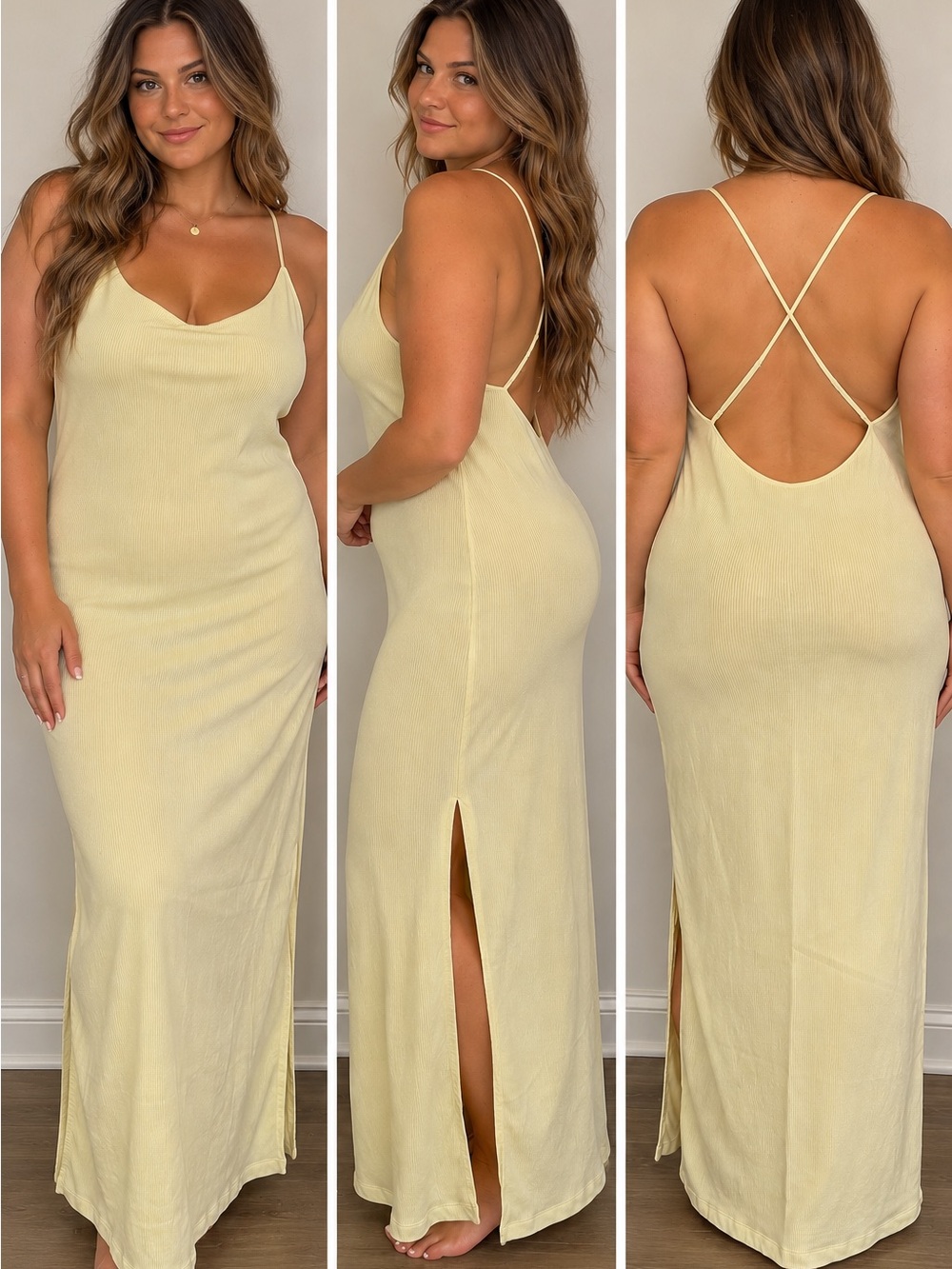 XXL Butter Yellow Ribbed Cowl Neck Backless Maxi Dress